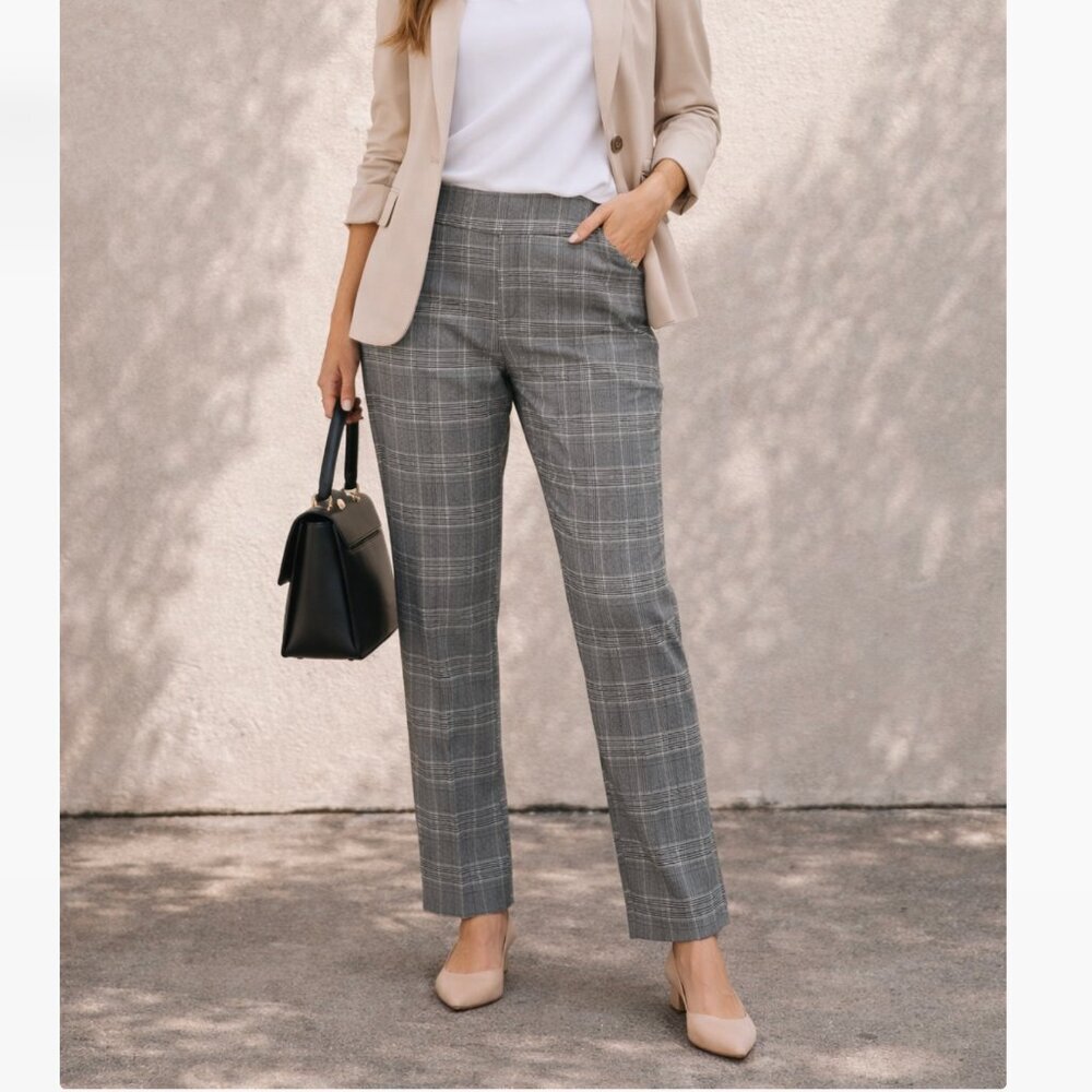 Ophelia Roe Plaid Dress Pants Size XL Gray Pull On Career Chic